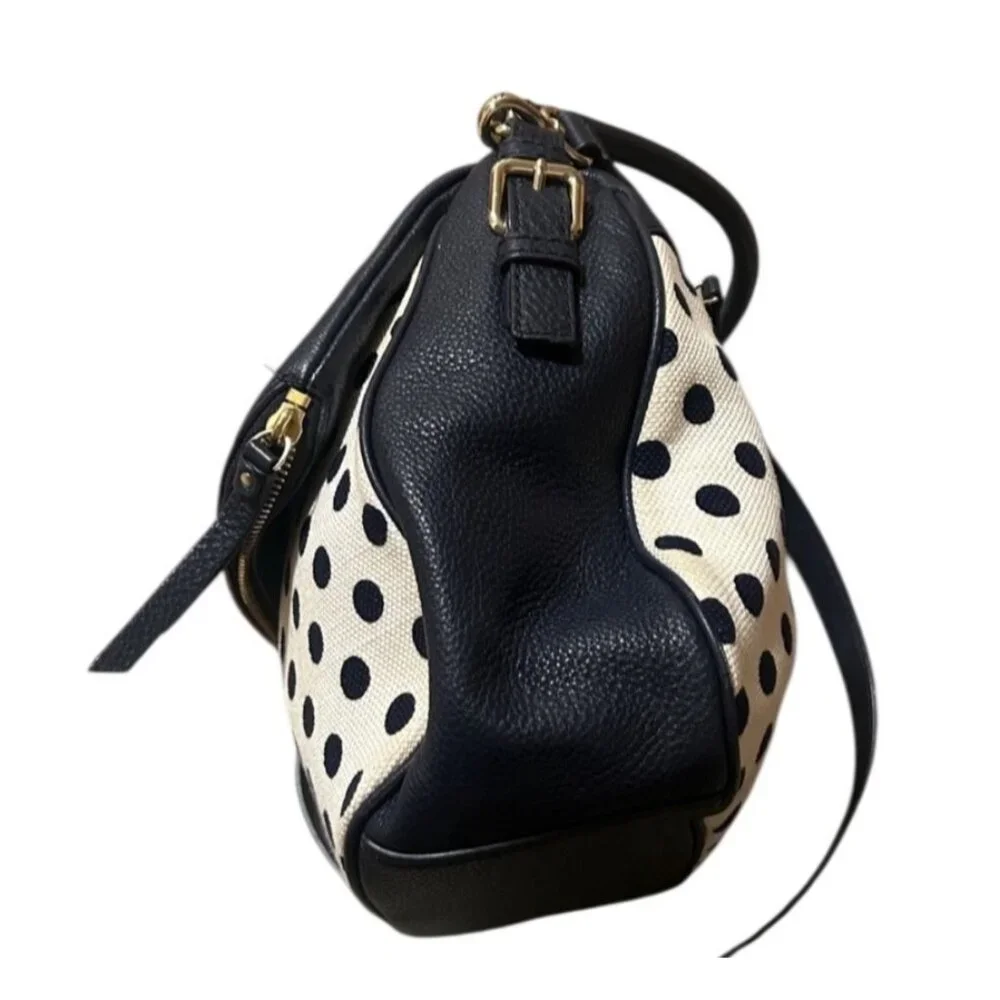 Kate‎ Spade Leather & Canvas Navy Blue And Cream White Polka Dot Shoulder Bag